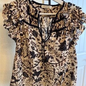 Ulla Johnson Black and Brown Ruffled Tie Front Blouse